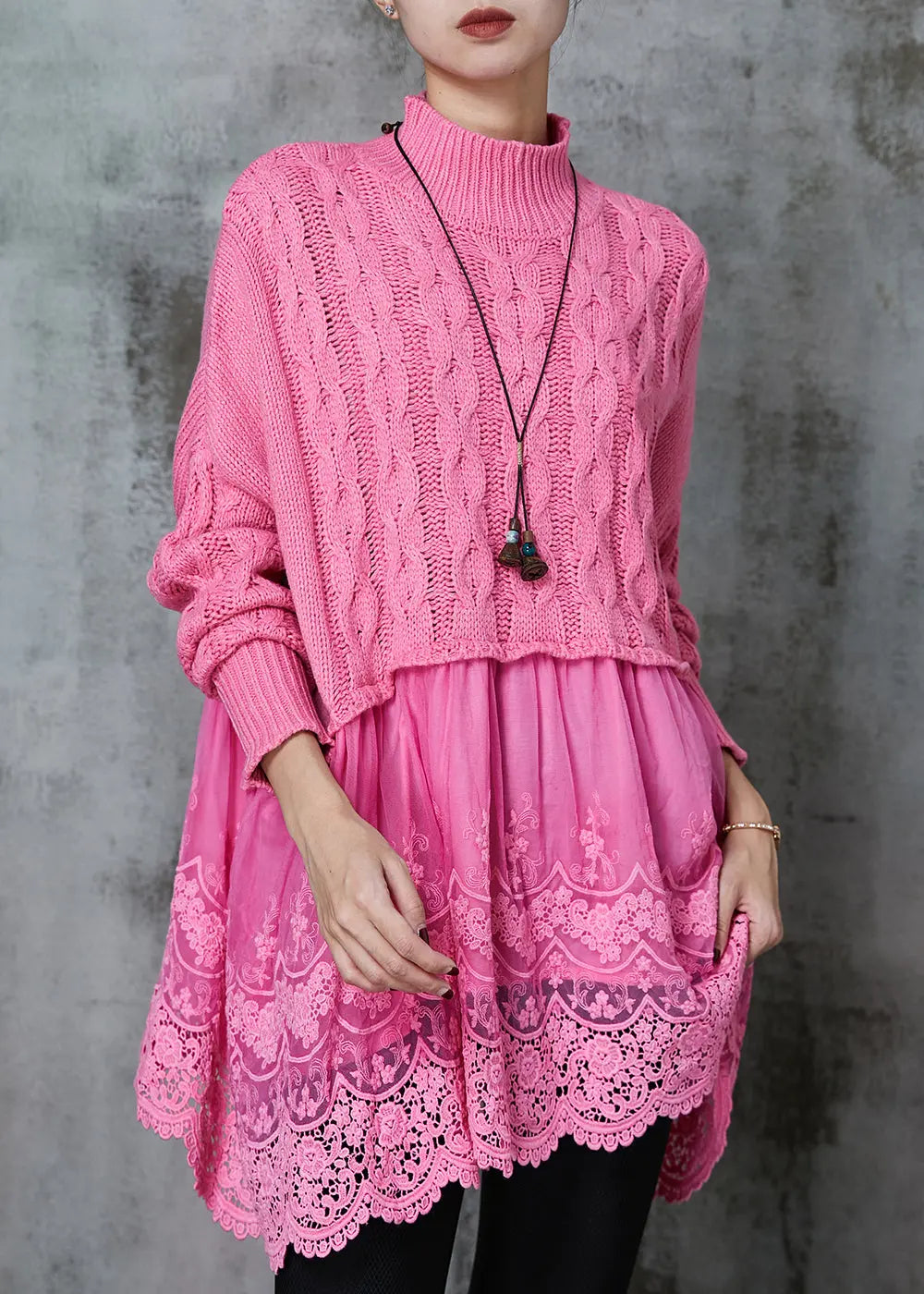 Modern Pink Oversized Patchwork Knit Long Sweater Spring Ada Fashion