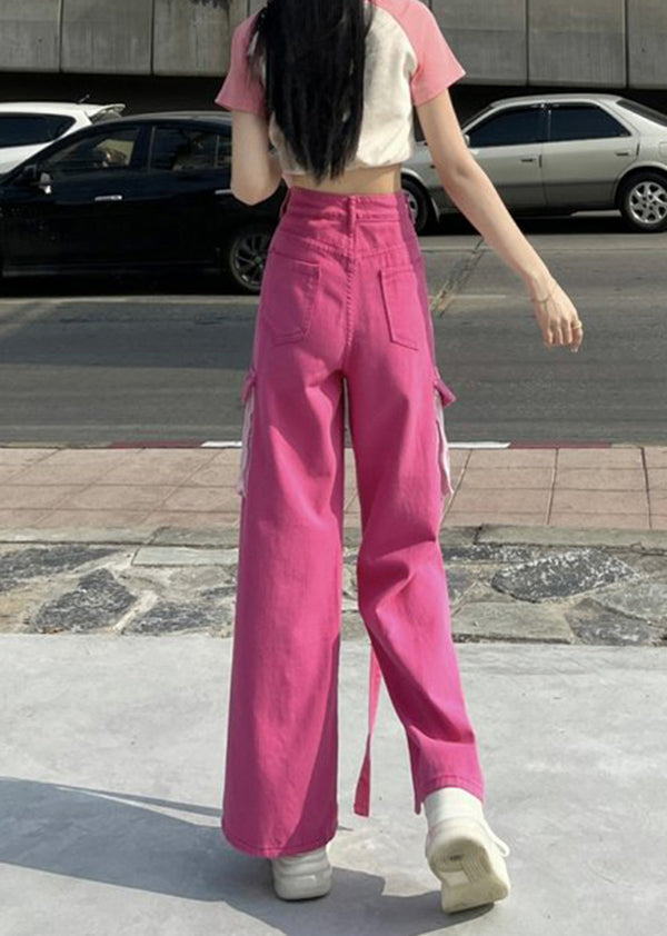 Modern Pink Pockets Patchwork Side Open Denim Pants Fall RI002