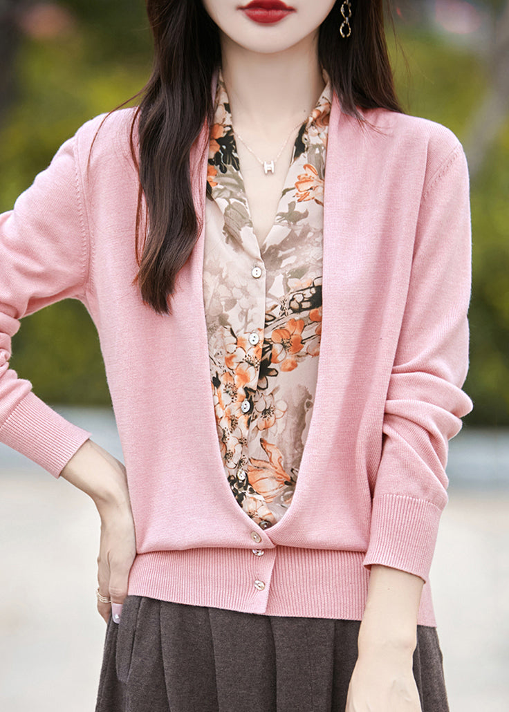 Modern Pink V Neck Print Fake Two Pieces Knit Cardigans Spring TE038