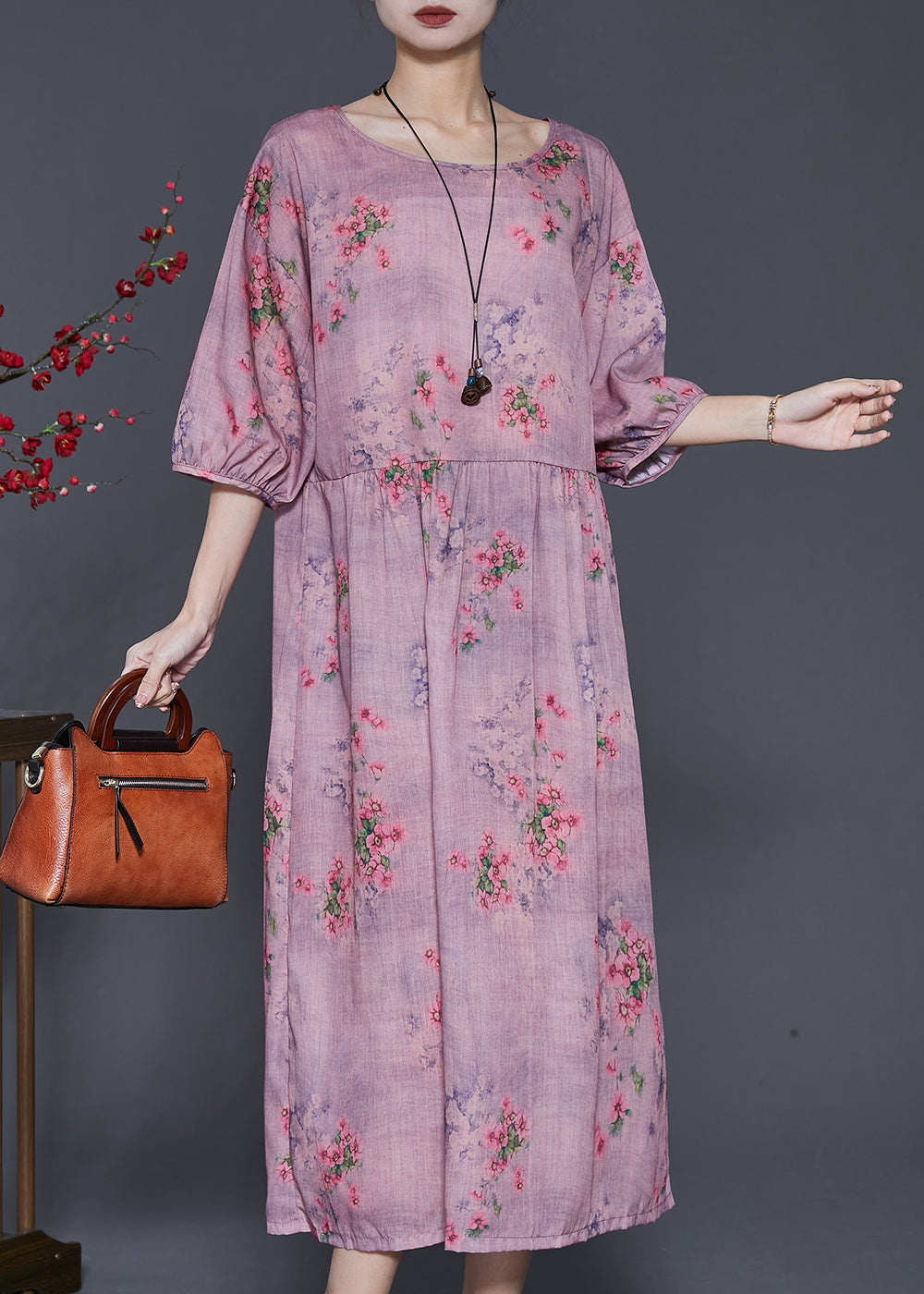 Modern Purple Oversized Print Linen Dress Summer SD1002