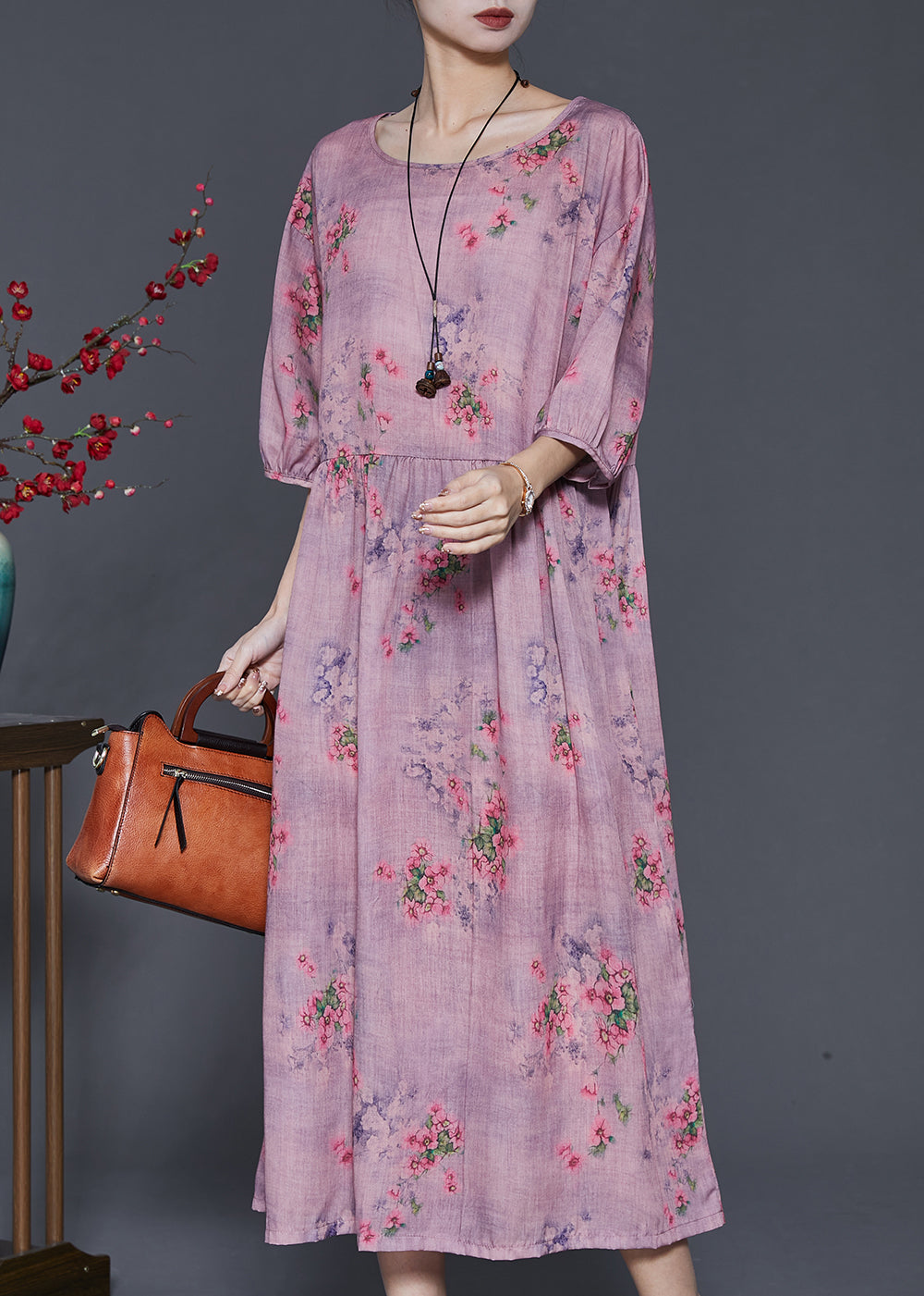 Modern Purple Oversized Print Linen Dress Summer SD1002