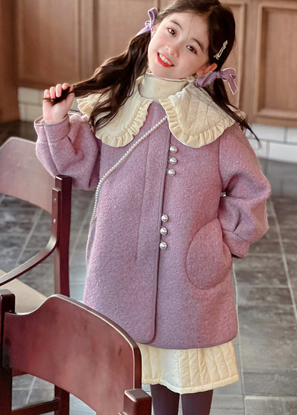 Manteau long en laine épaisse pour enfants, col Peter Pan violet moderne, hiver WL052