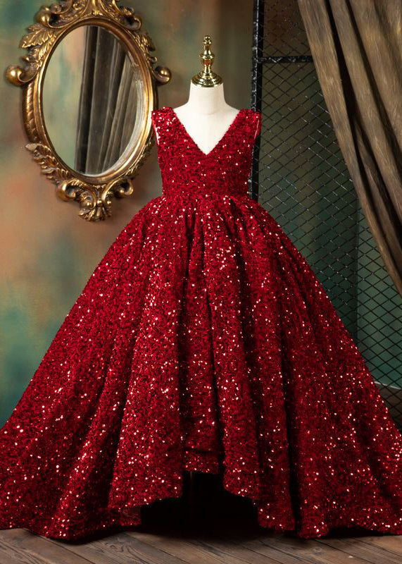 Sommer Mädchen Moderne Rote Langhals Patchwork V Kleider