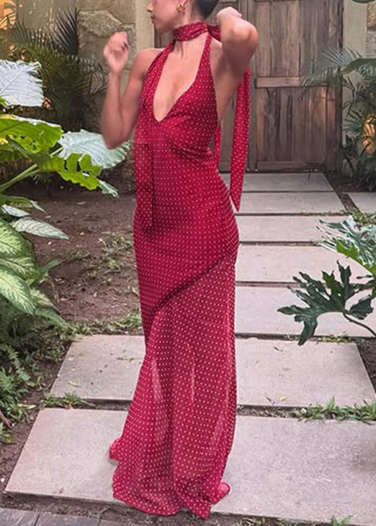 Kleid Ärmellos Patchwork Rot Tüll V-Ausschnitt Lang Modern