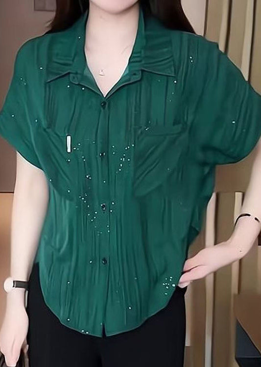 Blouse Tea Sequins Tops Chiffon Green Summer Modern