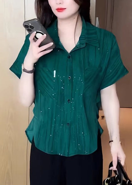 Blouse Tea Sequins Tops Chiffon Green Summer Modern