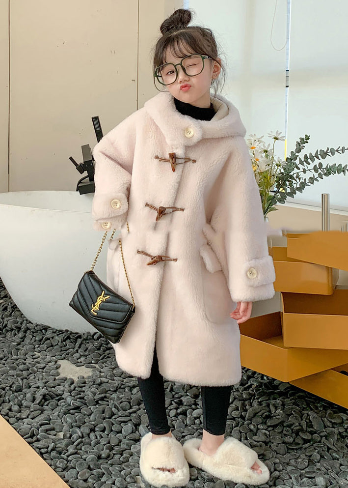 Manteaux longs à capuche en velours de vison pour filles, boutons blancs modernes, hiver TG016