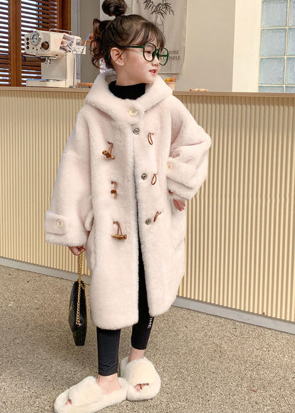 Manteaux longs à capuche en velours de vison pour filles, boutons blancs modernes, hiver TG016