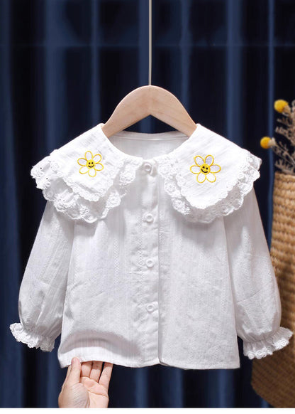 Chemise blanche moderne à manches longues et col rond en dentelle pour enfants SS1016