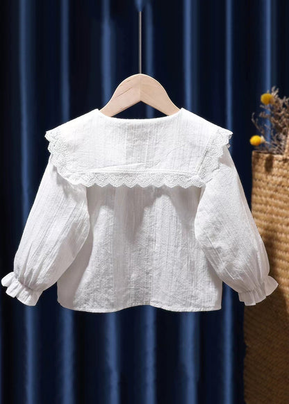 Chemise blanche moderne à manches longues et col rond en dentelle pour enfants SS1016