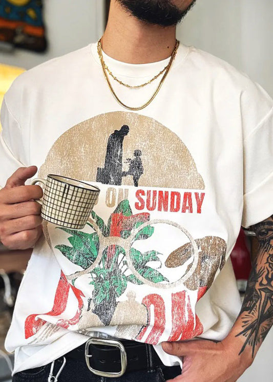 White T O Letter Neck Summer Shirts Cotton Print Modern