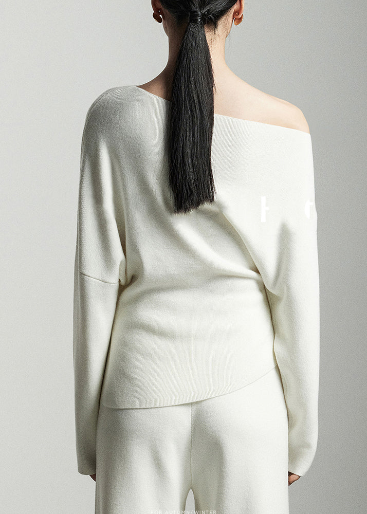 Modern White Slash Neck Woolen Knit Pullover Batwing Sleeve WE002