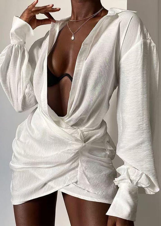Chemise blanche en coton patchwork à col en V, robe moderne, mini, été