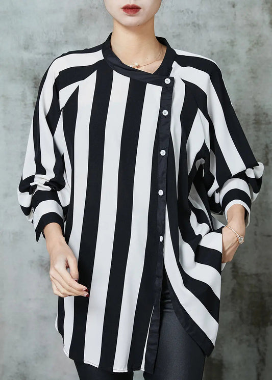 Natural Black Asymmetrical Striped Chiffon Top Spring Ada Fashion