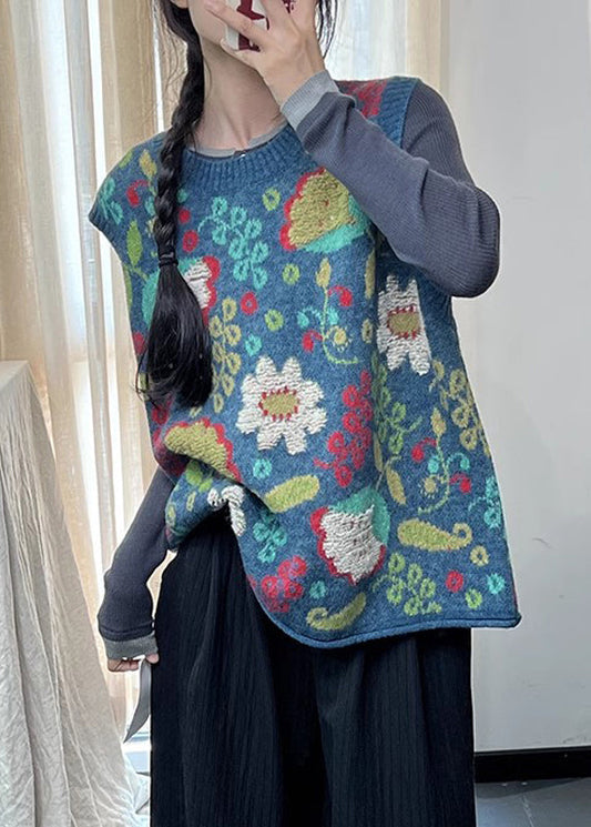 Naturblaue ärmellose Strickweste aus Baumwolle mit Rundhalsausschnitt TI038