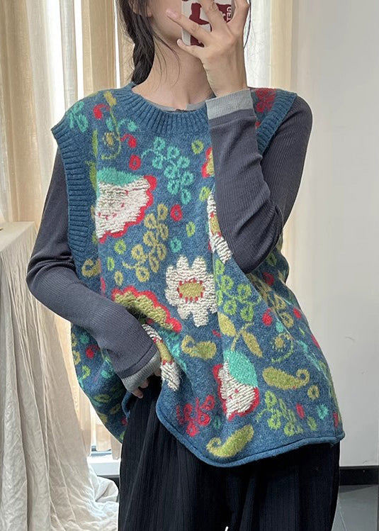 Gilet en tricot de coton imprimé bleu naturel à col rond sans manches TI038