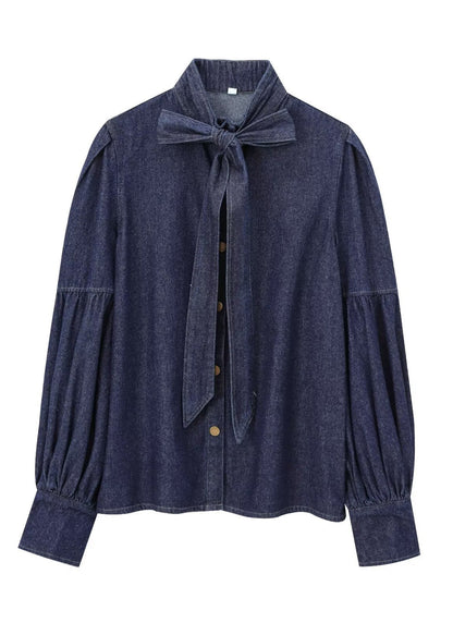 Hemd Natural Spring Dark Denim Stehkragen mit Schleife und blauem Patchwork