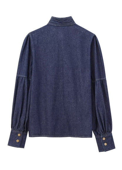 Hemd Natural Spring Dark Denim Stehkragen mit Schleife und blauem Patchwork