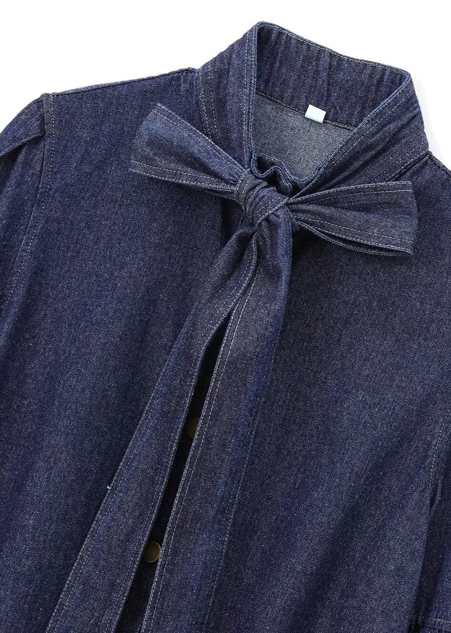 Hemd Natural Spring Dark Denim Stehkragen mit Schleife und blauem Patchwork