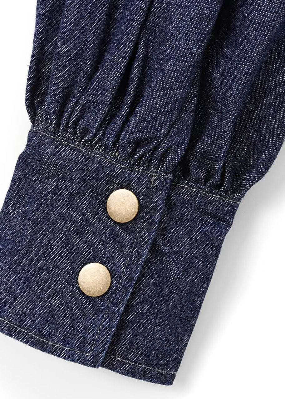 Hemd Natural Spring Dark Denim Stehkragen mit Schleife und blauem Patchwork