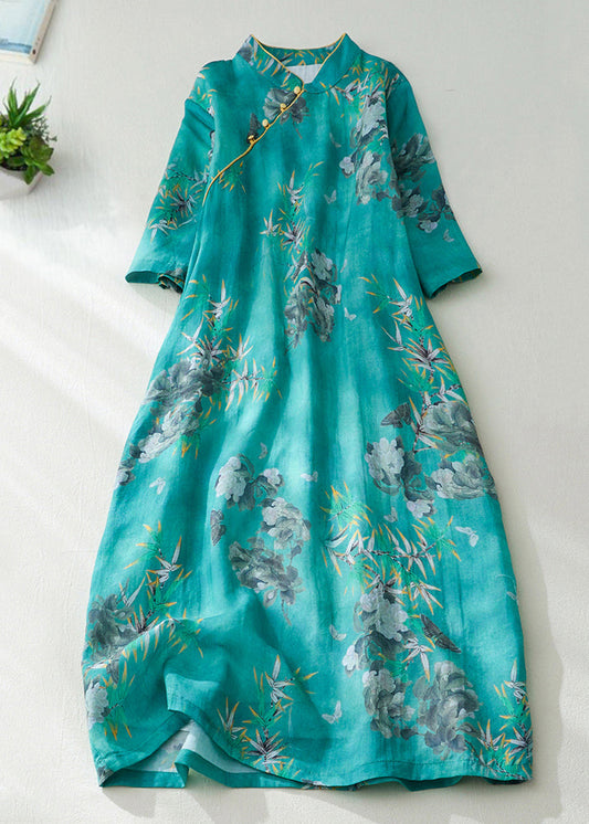 Natural Green Stand Collar Print Button Long Dress Short Sleeve VV082