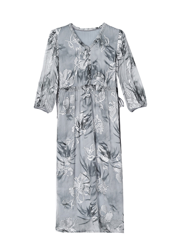 Natural Grey V Neck Ruffled Print Silk Dress Summer BB016