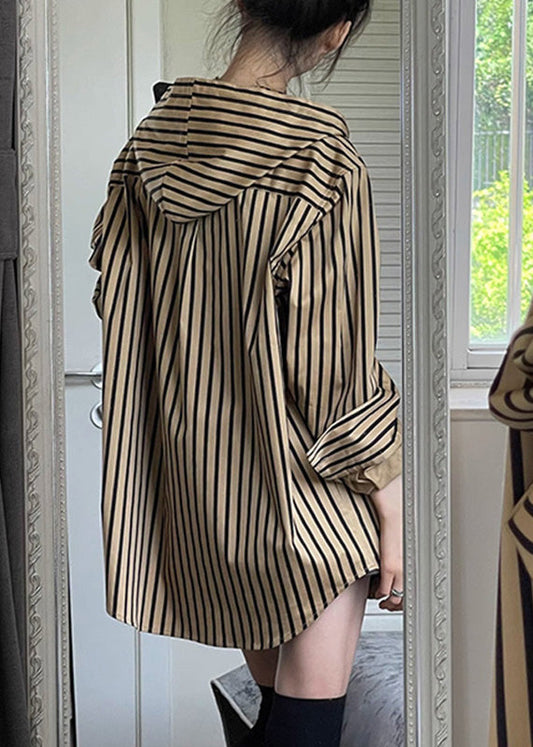 Button Natural Hooded Spring Striped Khaki Shirts