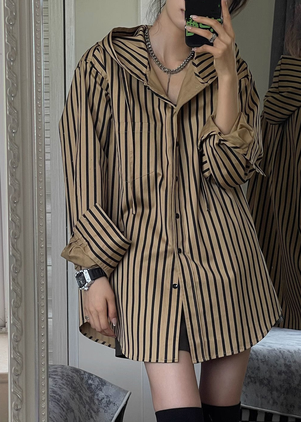 Button Natural Hooded Spring Striped Khaki Shirts