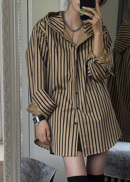 Button Natural Hooded Spring Striped Khaki Shirts