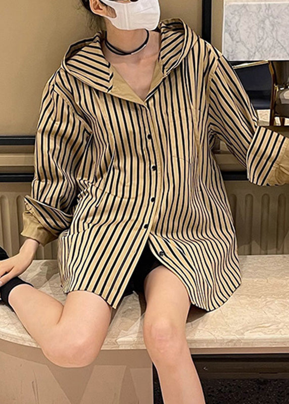 Button Natural Hooded Spring Striped Khaki Shirts