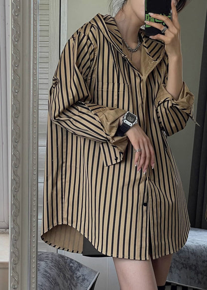 Button Natural Hooded Spring Striped Khaki Shirts