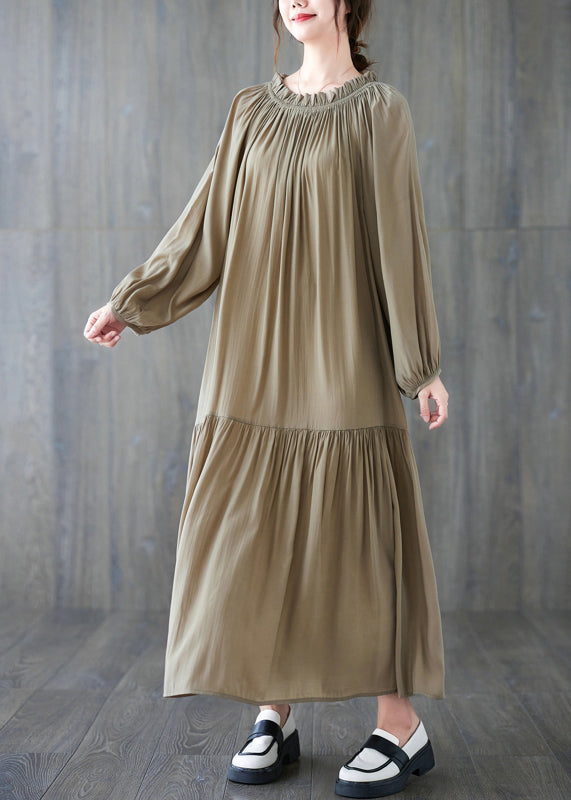 Natürliches Khaki Falten Kordelzug Chiffon langes Kleid Langarm GH1020