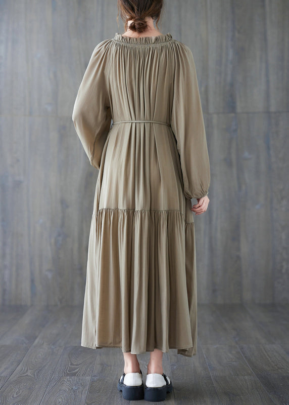 Natürliches Khaki Falten Kordelzug Chiffon langes Kleid Langarm GH1020