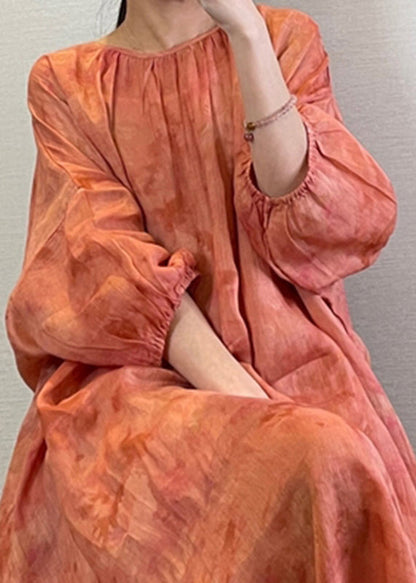 Robe longue orange naturelle à col rond et manches lanternes UU1062