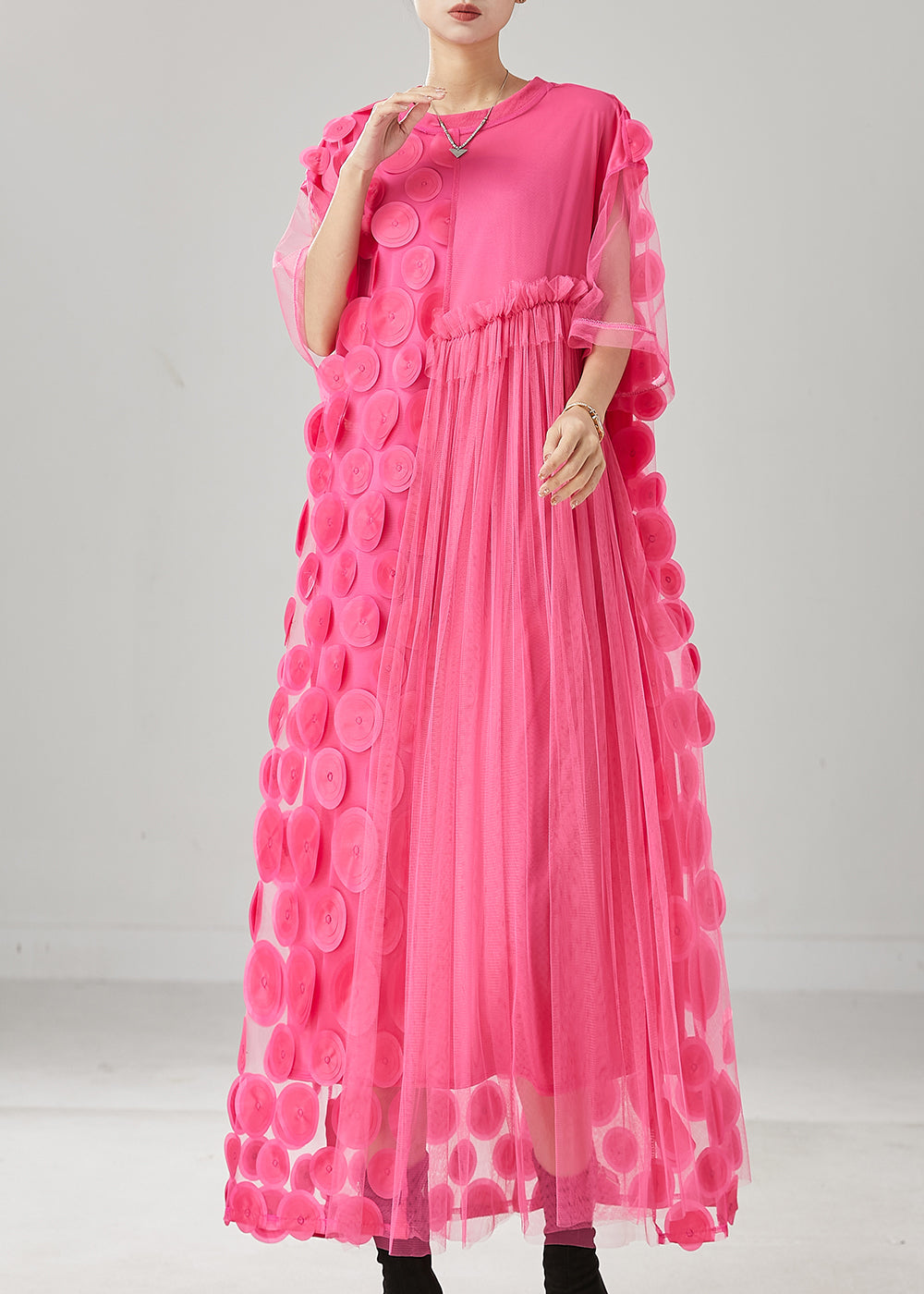 Natural Pink Asymmetrical Patchwork Tulle Maxi Dress Summer YU1014