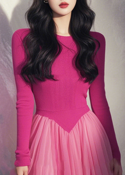 Stricken Frühling Rosa Natur Kleid Maxi O-Ausschnitt