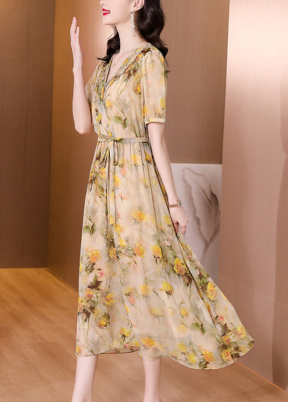 Natural Yellow V Neck Print Lace Up Silk Dress Summer BB023