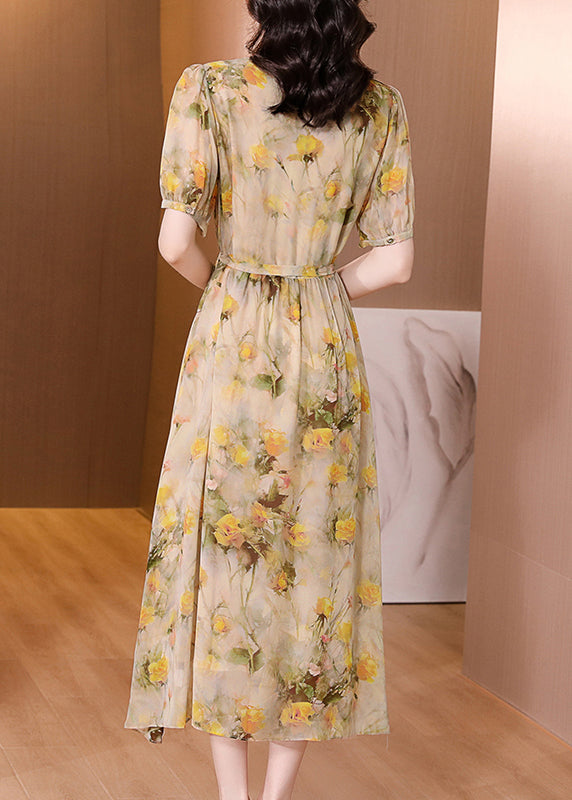 Natural Yellow V Neck Print Lace Up Silk Dress Summer BB023