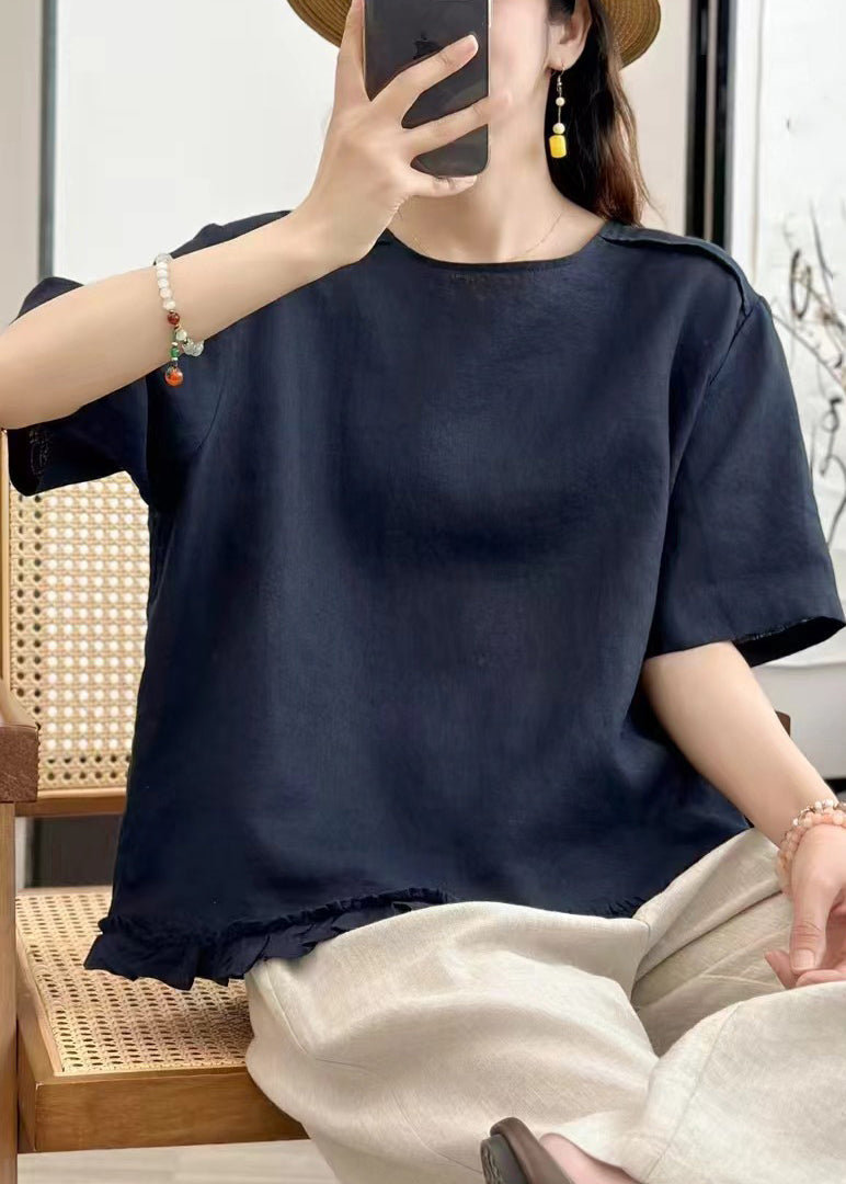 Neck Navy Button Blouse Solid O Linen Tops Summer