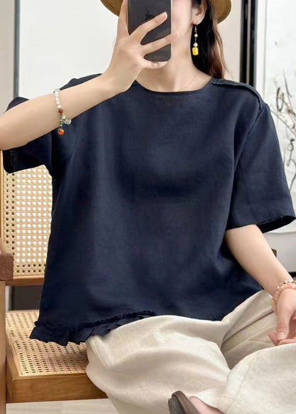 Neck Navy Button Blouse Solid O Linen Tops Summer