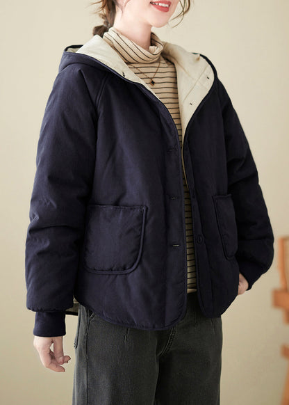Marineblaue, lockere Kapuzenjacke mit feiner Baumwollfüllung, Taschen, Knöpfen, Frühling TI008