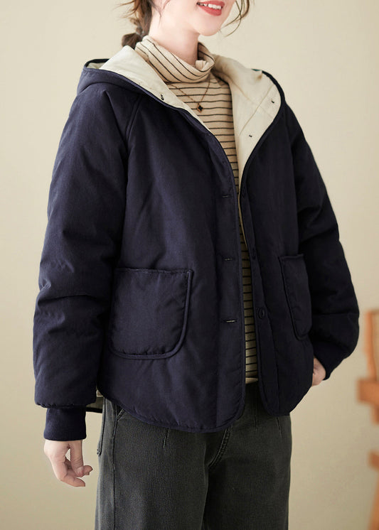 Marineblaue, lockere Kapuzenjacke mit feiner Baumwollfüllung, Taschen, Knöpfen, Frühling TI008