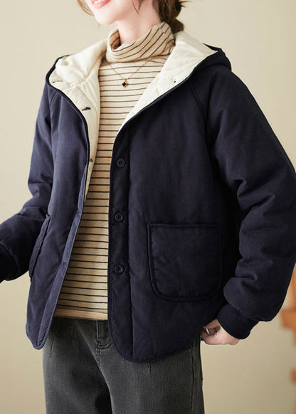 Marineblaue, lockere Kapuzenjacke mit feiner Baumwollfüllung, Taschen, Knöpfen, Frühling TI008