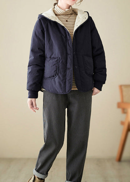 Marineblaue, lockere Kapuzenjacke mit feiner Baumwollfüllung, Taschen, Knöpfen, Frühling TI008
