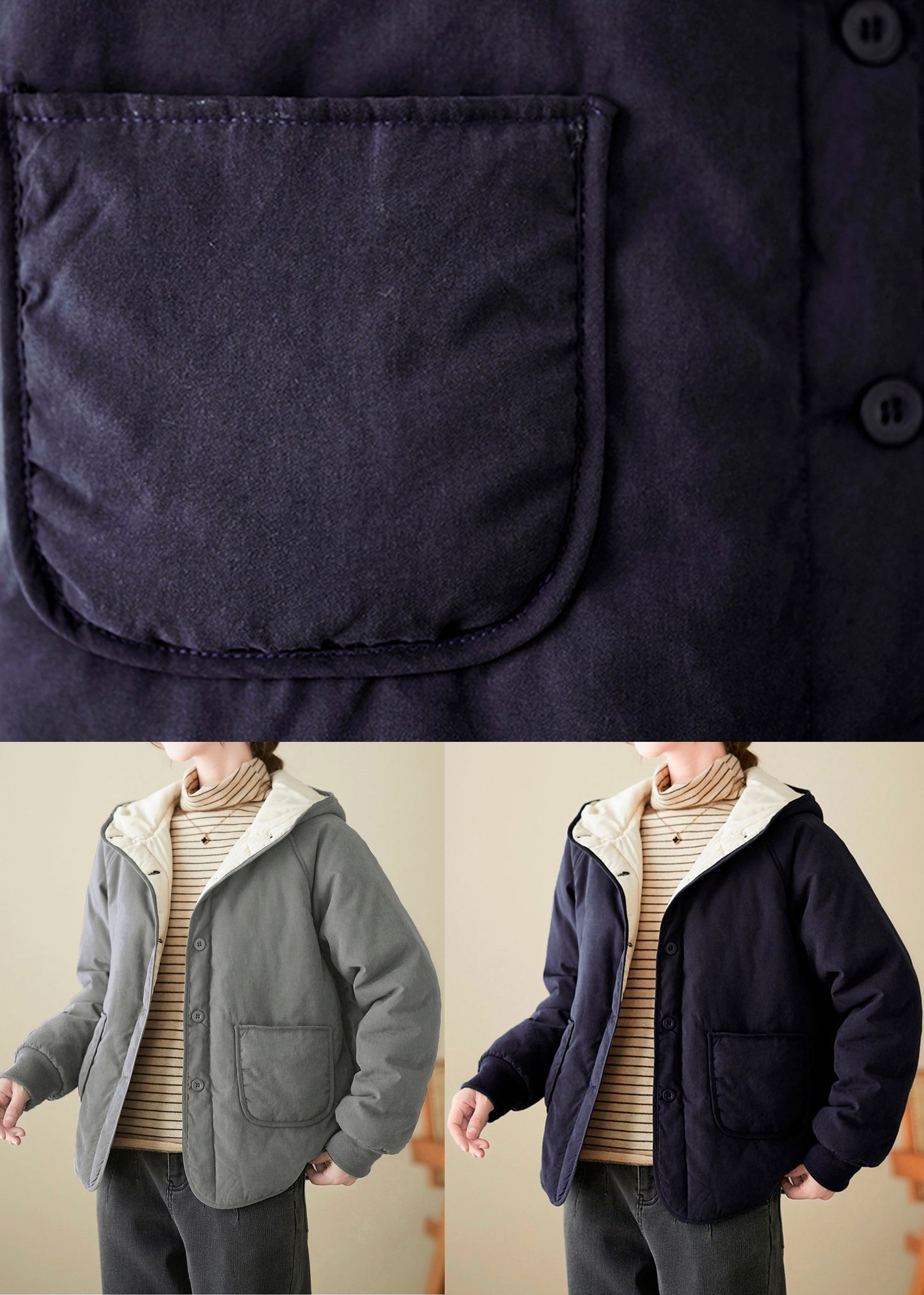 Marineblaue, lockere Kapuzenjacke mit feiner Baumwollfüllung, Taschen, Knöpfen, Frühling TI008