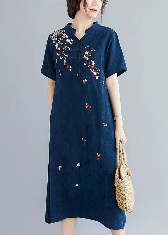 Leinen bestickte Sommerkleider in Mittelmarineblau aus Jacquard