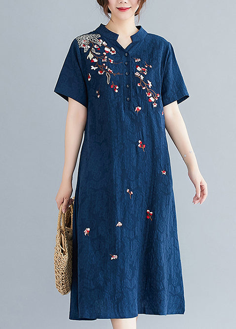 Leinen bestickte Sommerkleider in Mittelmarineblau aus Jacquard