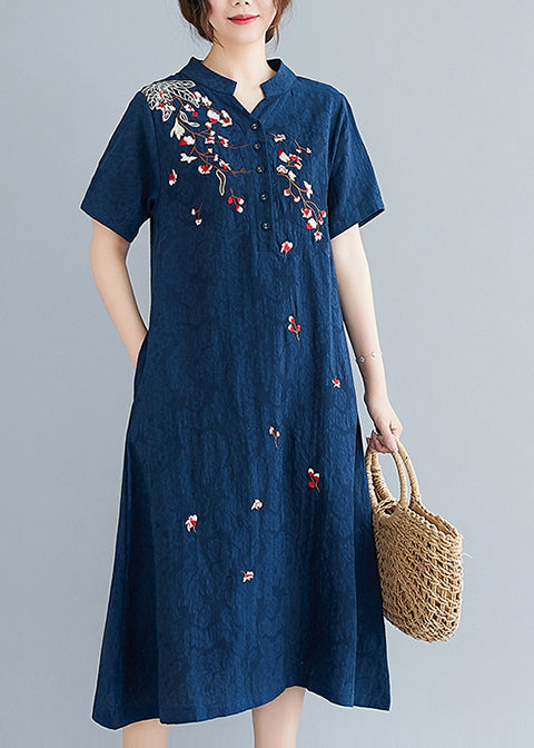 Leinen bestickte Sommerkleider in Mittelmarineblau aus Jacquard