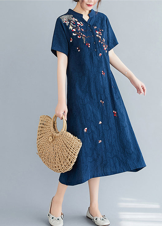 Leinen bestickte Sommerkleider in Mittelmarineblau aus Jacquard