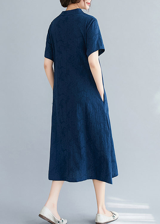 Leinen bestickte Sommerkleider in Mittelmarineblau aus Jacquard